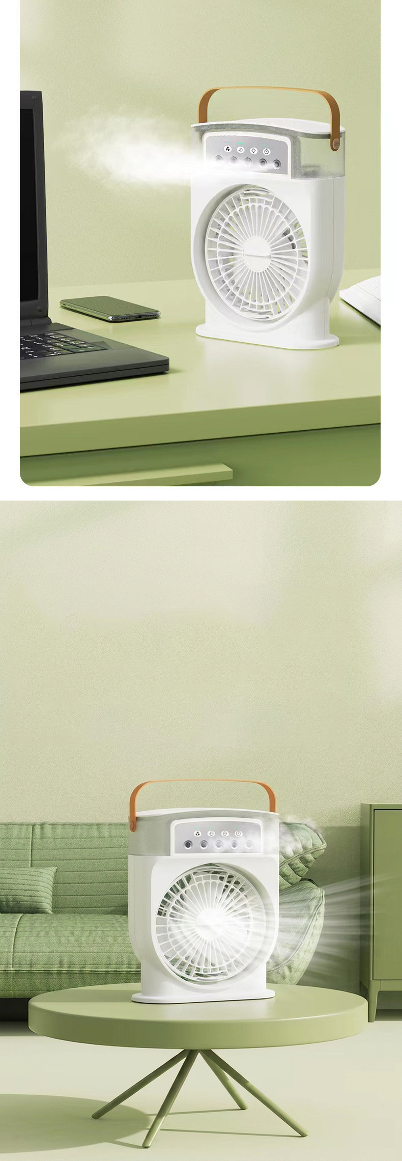 Misting air cooler fan on a desk and side table