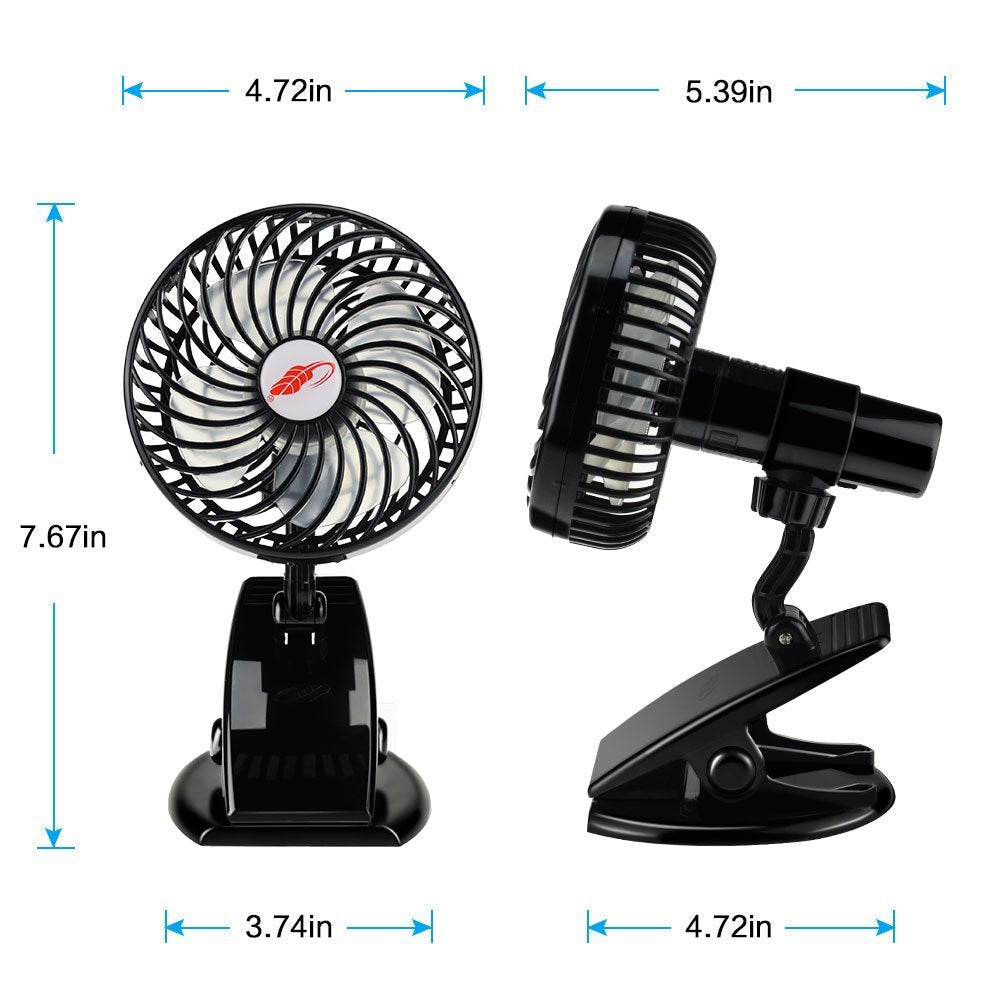 Clip-on fan clipped to a stroller