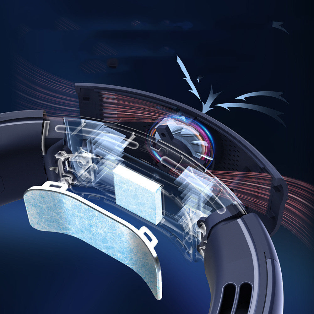 Semiconductor cooling neck fan in use outdoors