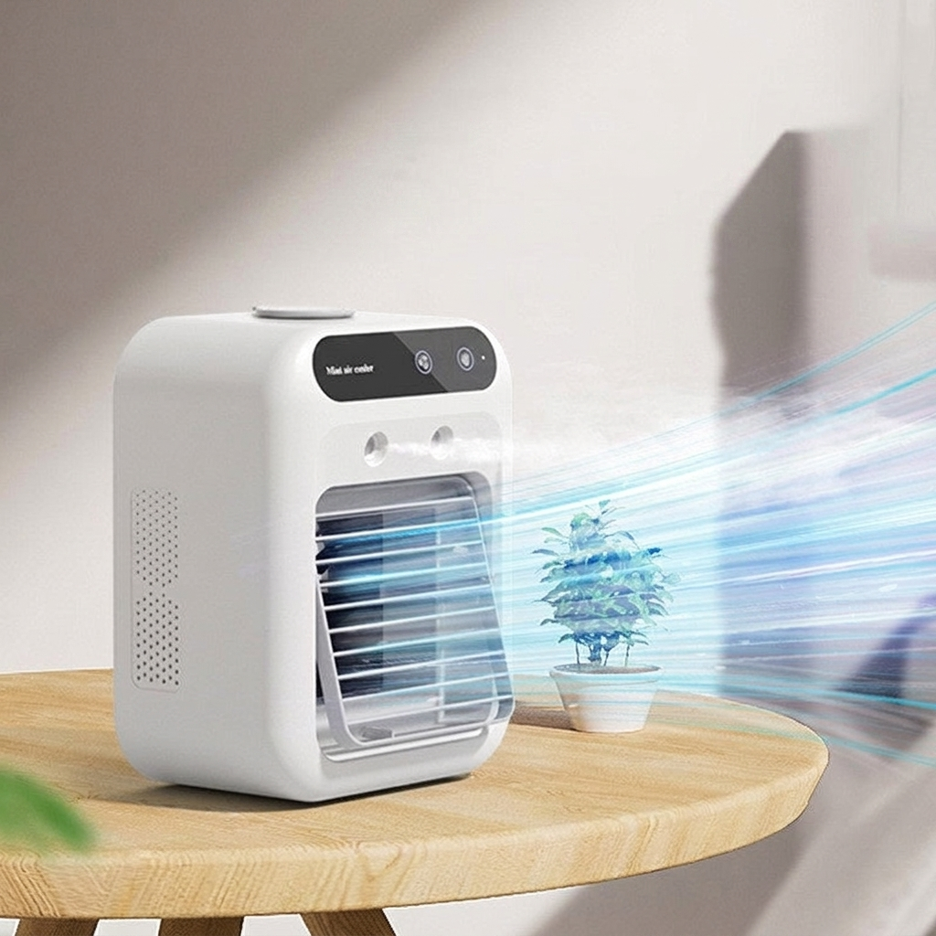 Evaporative air cooler on a table