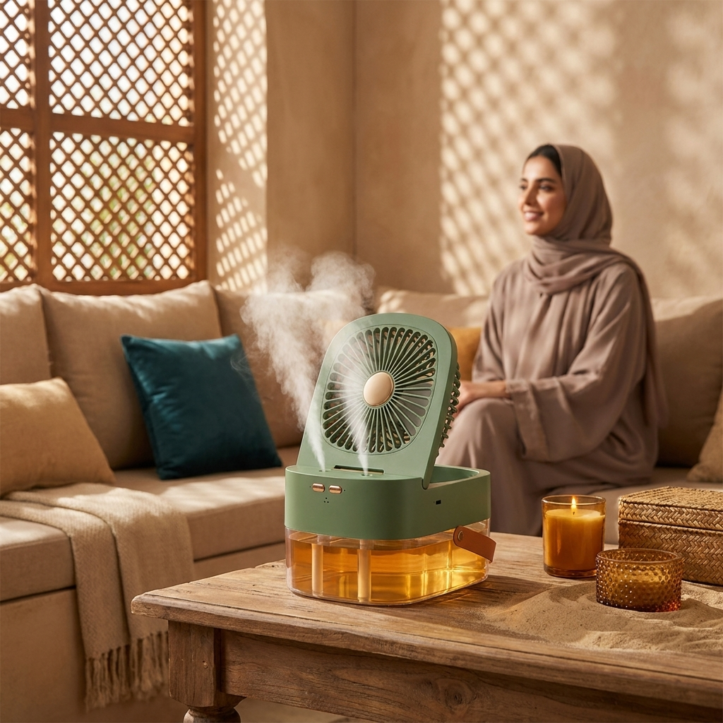 Desktop mist air cooler in a Saudi-inspired majlis living room setting