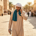 Man in Saudi outdoor setting using the Instant Chill non-electric cooling towel around his neck
